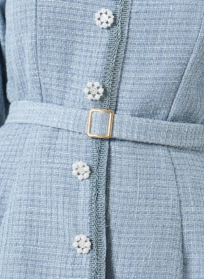 Styli  Women Blue Tweed Midi Dress with Belt for Women | Best Price UAE